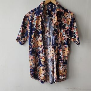 Men's Floral Casual Shirt - Navy and Orange